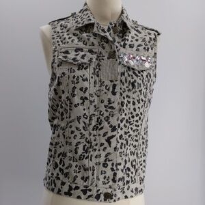 Dolled Up Gray and Black Leopard Print Patterned Vest with Rhinestones M